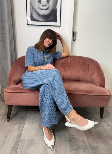 Pieces Textured Denim Diamante Button Top & Wide Leg Jeans - Items Sold Separately