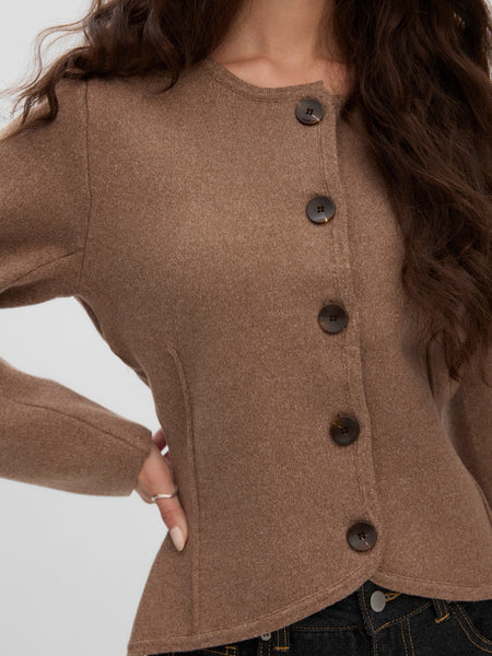 VM Premium Structured Round Neck Knit Cardigan In Camel