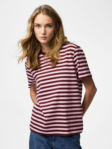 Pieces Short Sleeve Boxy Stripe Tshirt In Pink