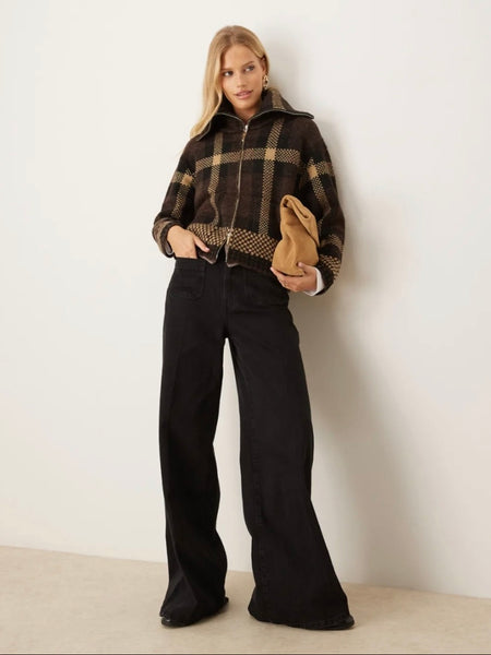 JDY Open Collar Zip Cardigan In Brown Check