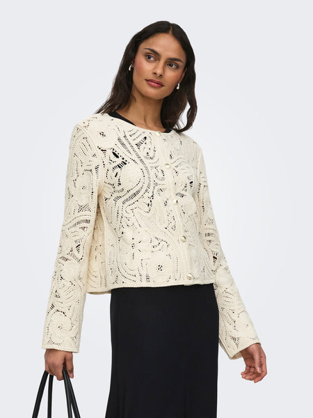 JDY Long Sleeve Crochet Cardigan In Cream