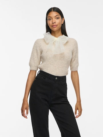Vila Tie Neck Short Sleeve Knit Top In Oatmeal
