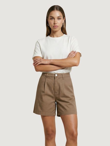 JDY High Waist Pleat Front Shorts In Camel