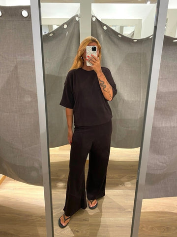 Only Plisse Wide Leg Trousers & Tshirt Co-ord Set In Coffee - Items Sold Separately