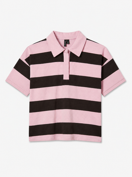 VM 2/4 Sleeve Stripe Poloneck Top In Pink & Black