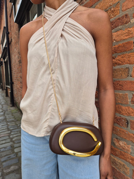 Chain Strap Hard Shell Chocolate Brown Clutch Bag With Gold Grab Handle