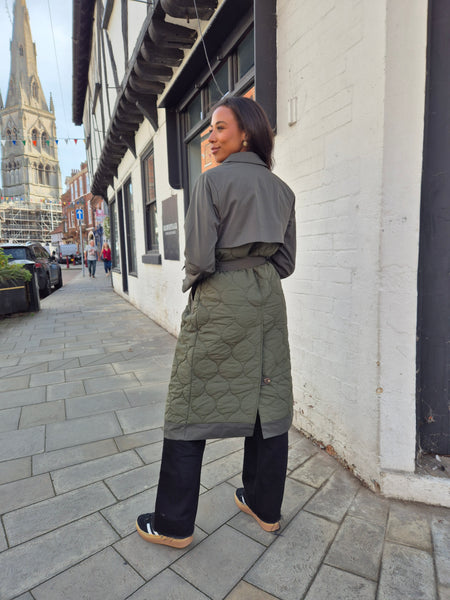 Vila Quilted Trench Coat In Khaki Green