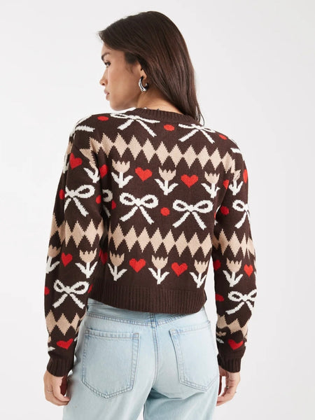 Wednesday's Girl Bow Knitted Cardigan in Brown