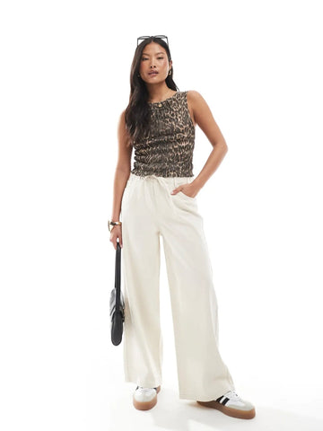 Only Tie Elasticated Waist Wide Leg Jeans In Ecru