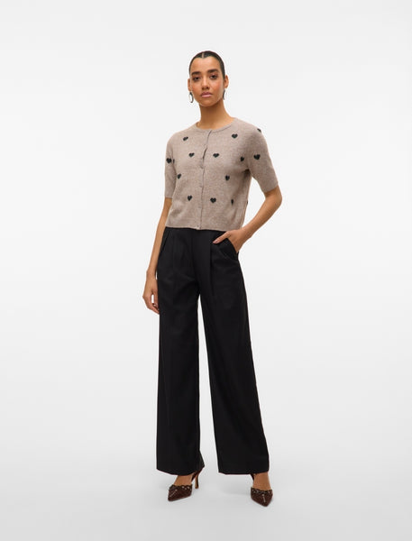VM Short Sleeve Heart Knit Cardigan In Oatmeal