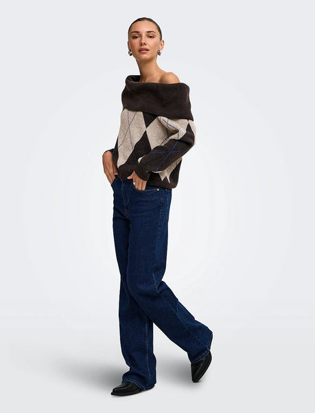 Only Off The Shoulder Argyle Check Knit Jumper In Brown
