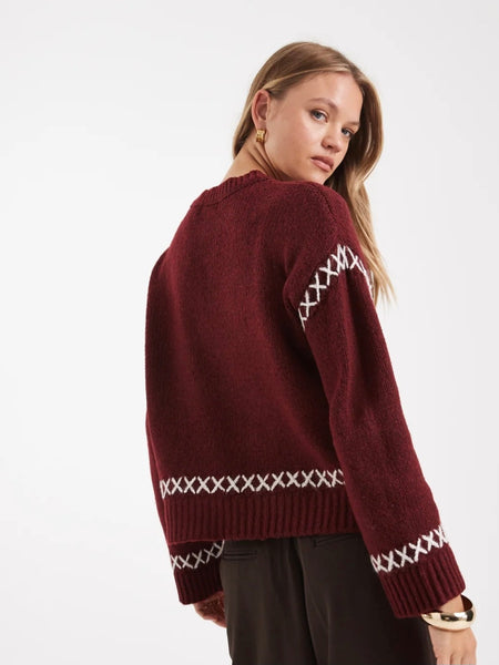Only Contrast Stitch Knit Jumper In Burgundy