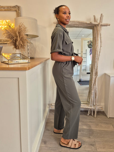Only Short Sleeve Zip Front Jumpsuit In Khaki