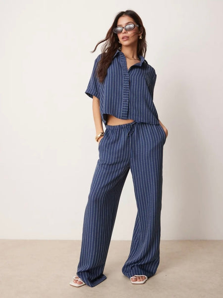 JDY Wide Leg Trousers In Blue Pinstripe