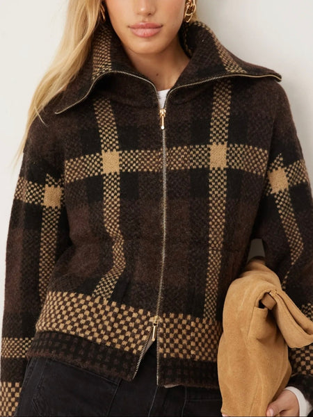 JDY Open Collar Zip Cardigan In Brown Check