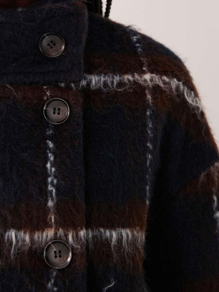 Vila Brushed Wool Feel Funnel Neck Coat In Navy & Brown Check