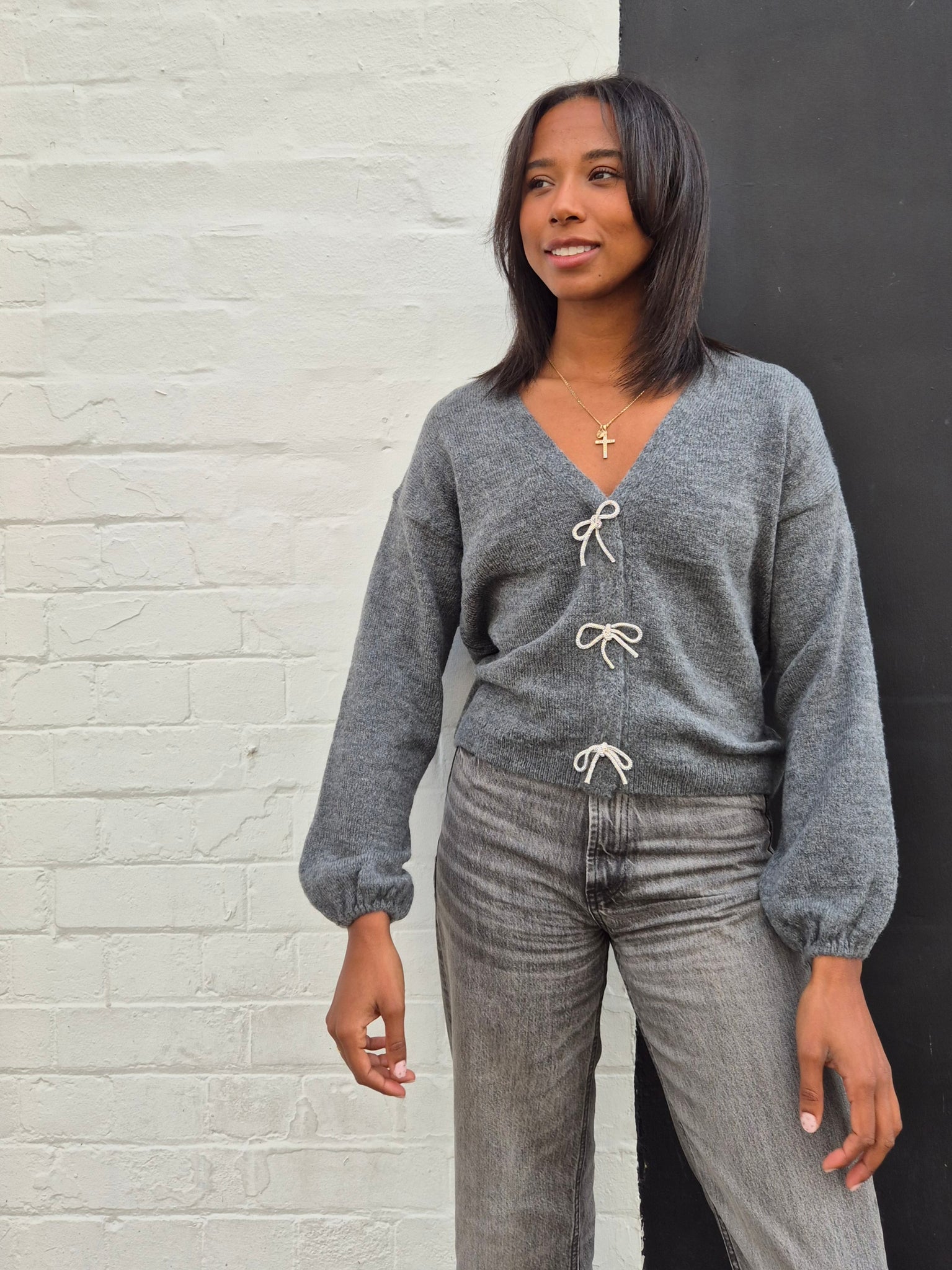 Only Rhinestone Bow Jumper In Grey