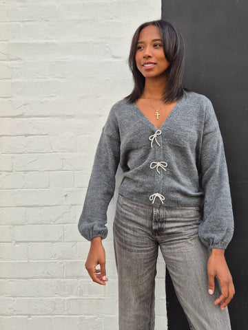 Only Rhinestone Bow Jumper In Grey