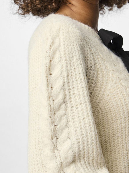 Pieces Cream Cable Knit Tie Front Cardigan