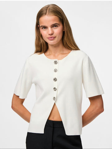 Pieces Button Front Short Sleeve Knit Top In White