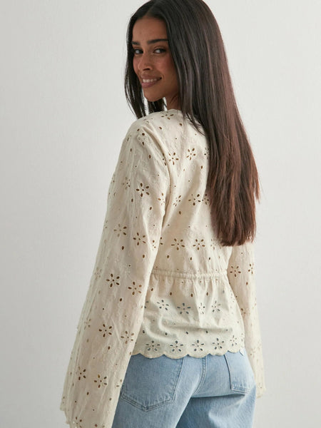 Pieces Tie Front Long Sleeve Broderie Anglaise Blouse