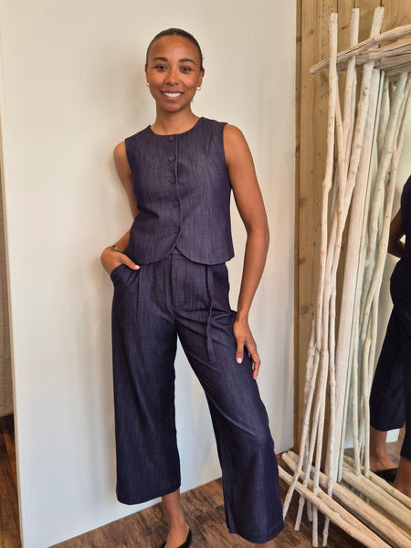 Only Navy Tailored Waistcoat & Wide Leg Cullotte Crop Trouser Co-ord Set - Items Sold Separately