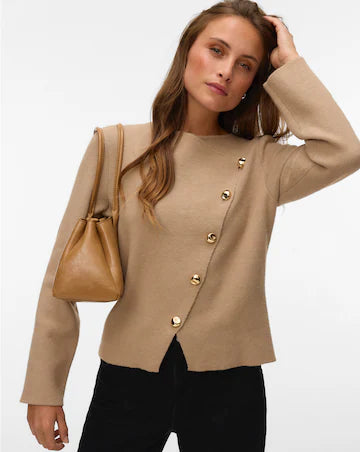 Vm Asymmetric Gold Button Front Long Sleeve Knitted Top