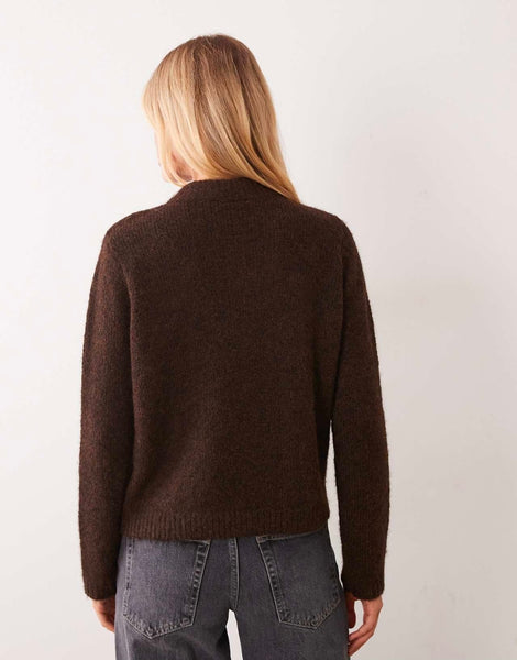 Vila High Neck Organza Bow Long Sleeve Knitted Jumper In Chocolate Brown