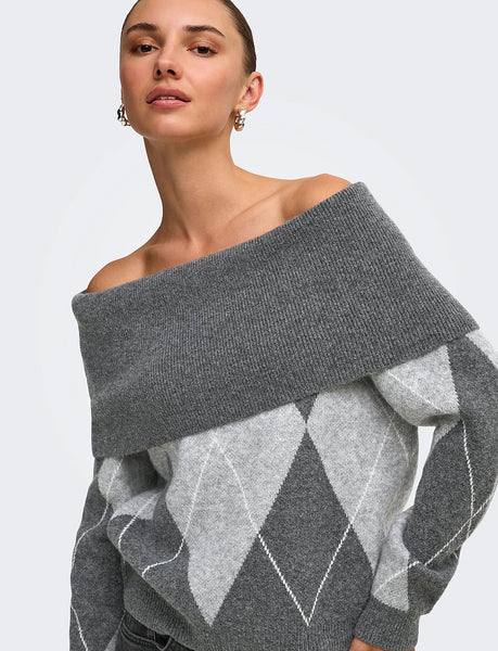 Only Off The Shoulder Argyle Check Knit Jumper In Grey
