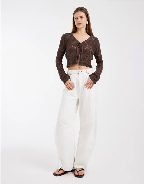 VM Crochet Long Sleeve Tie Front Top in Chocolate Brown