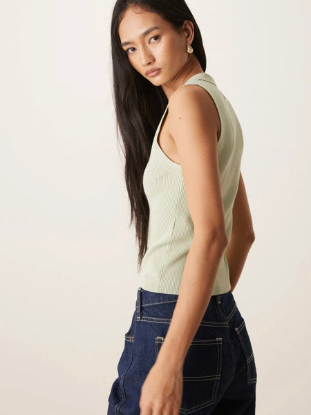 JDY Rib Knit Sleeveless Polo In Sage Green