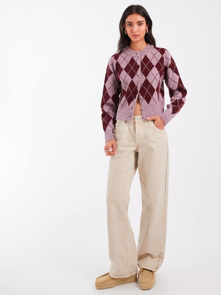 VM Pink & Burgundy Argyle Cropped Knit Cardigan