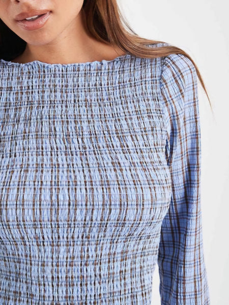 VM Long Sleeve Shirred Check Boatneck Top In Blue