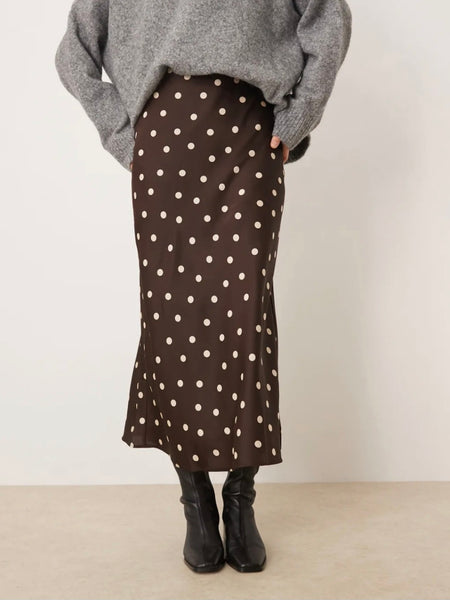 JDY Polka Dot Midi Length Satin Skirt In Chocolate Brown