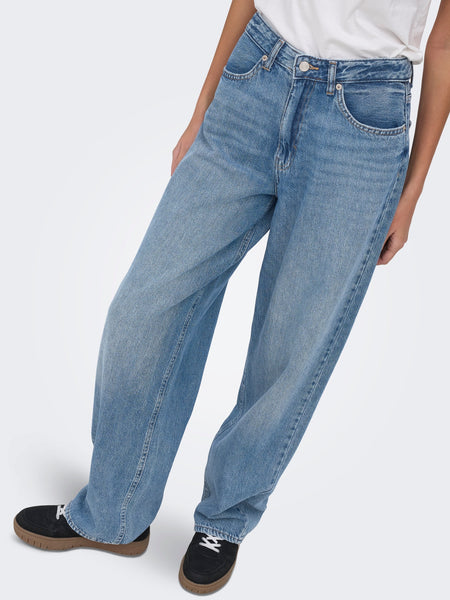 Only Toledo Mid Waist Loose Straight Leg Jeans In Mid Blue