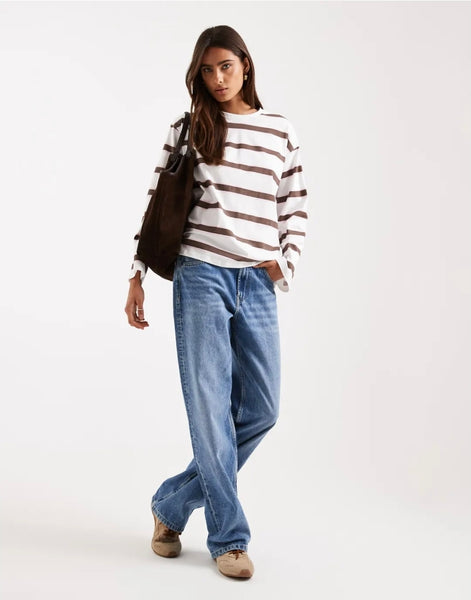 Pieces Long Sleeve Oversized Rugby Tshirt In Chocolate Brown Stripe