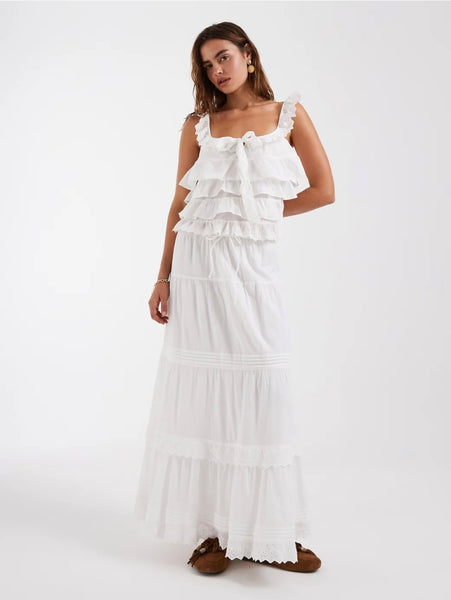 VM White Boho Lace Trim Tiered Maxi Skirt - Part of a Co-ord Set