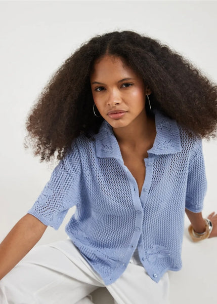 VM Short Sleeve Floral Polo Knit Button Front Top In Blue