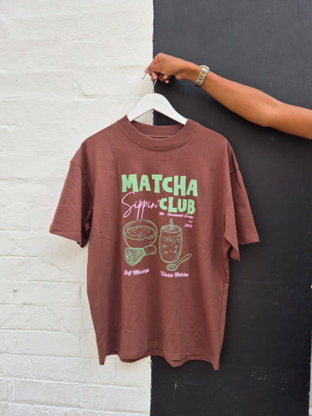 Matcha Sippin Club Oversized Tshirt In Brown