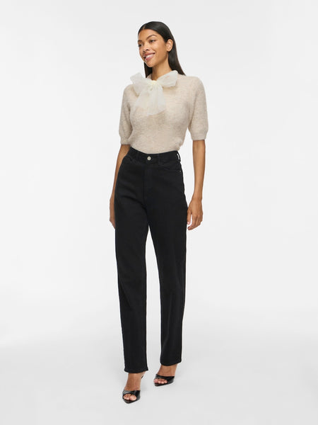 Vila Tie Neck Short Sleeve Knit Top In Oatmeal