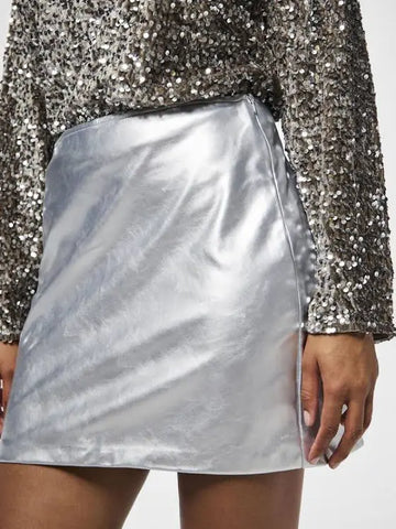 Pieces Metallic PU Silver Mini Skirt