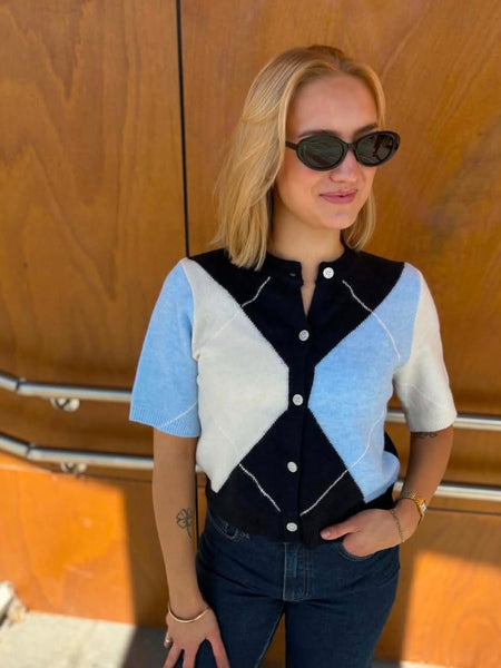 Pieces Argyle Short Sleeve Knit Cardigan In Blue
