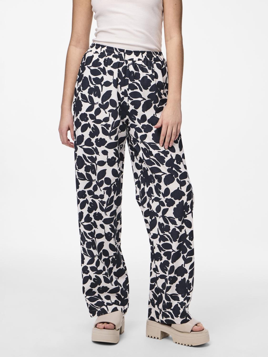 Pieces Linen Navy Floral High Waist Wide Leg Trousers