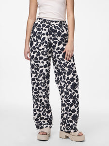 Pieces Linen Navy Floral High Waist Wide Leg Trousers