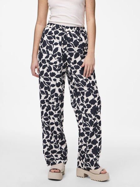 Pieces Linen Navy Floral High Waist Wide Leg Trousers
