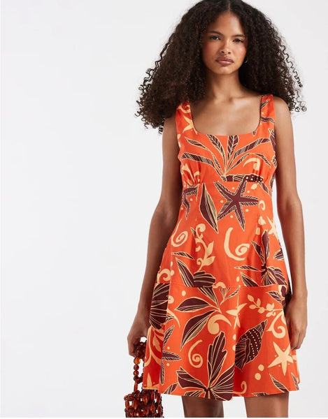 VM Sleeveless Summer Print Short Dress In Spicy Orange