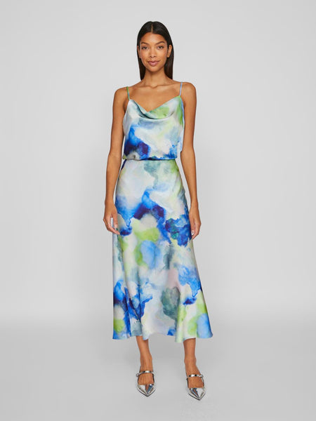 Vila Tie Dye Satin Cowlneck Cami & Midi Skirt Co-ord Set