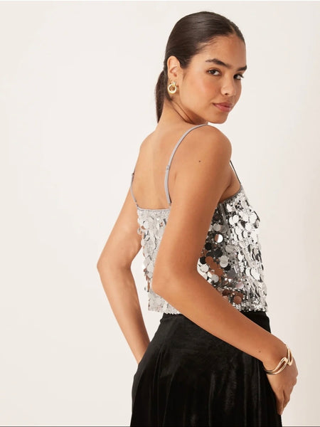 Vila Disc Sequin Embellished Cami Top In Silver