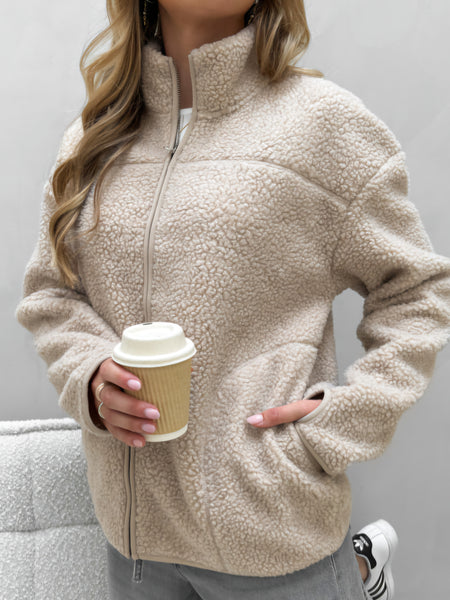 Pieces Zip Front Teddy Fleece Jacket In Beige