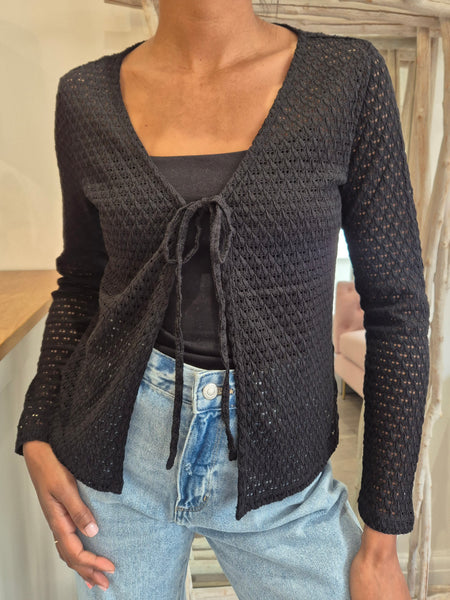Vila Tie Front Crochet Cardigan In Black